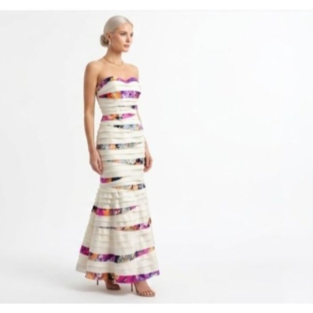 Terani Couture Ivory Multicolor Floral Appliqué Banded Cocktail Dress Sequin Bea